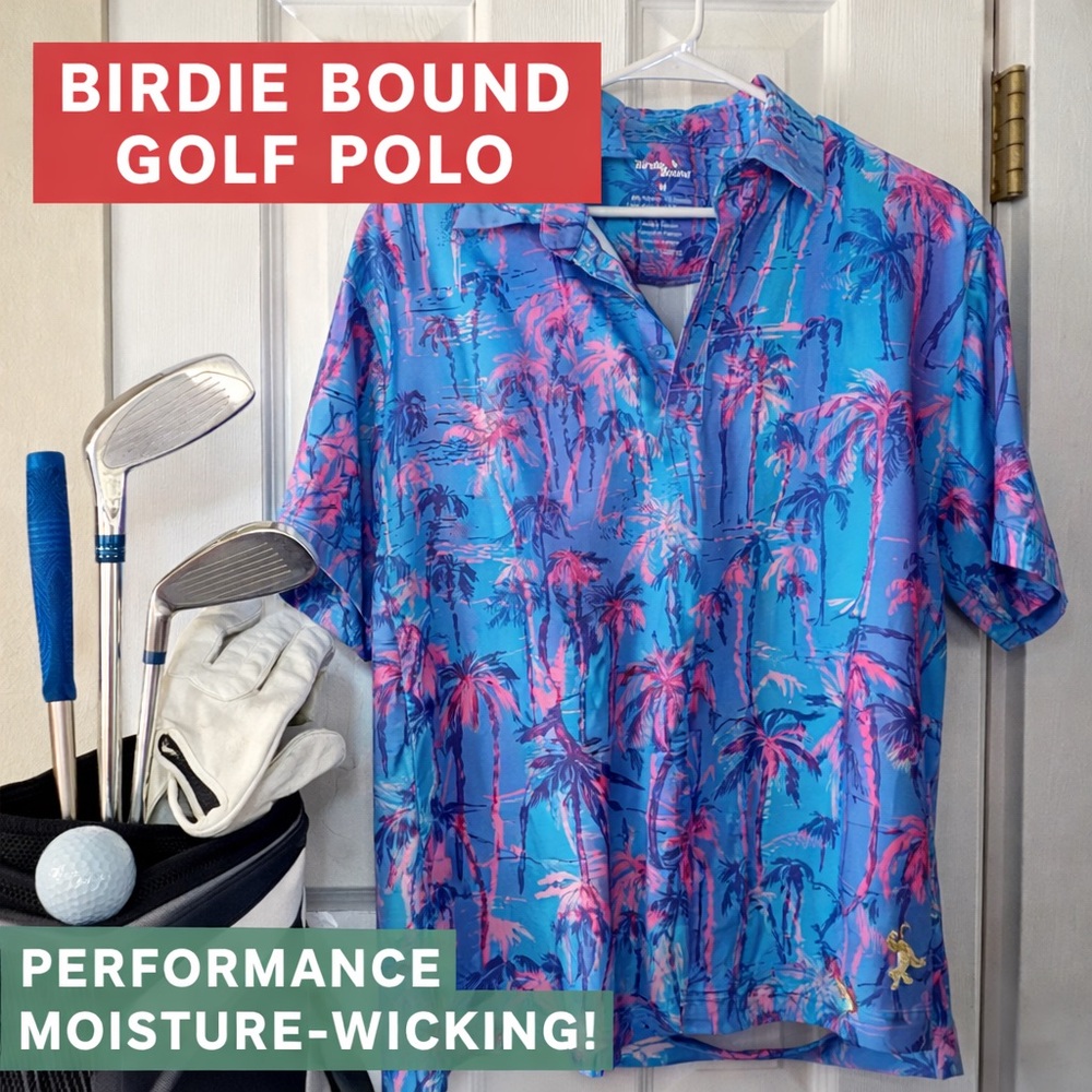 Birdie Bound Golf Polo Shirt Palm Print Blue Pink Performance Top Men’s Medium